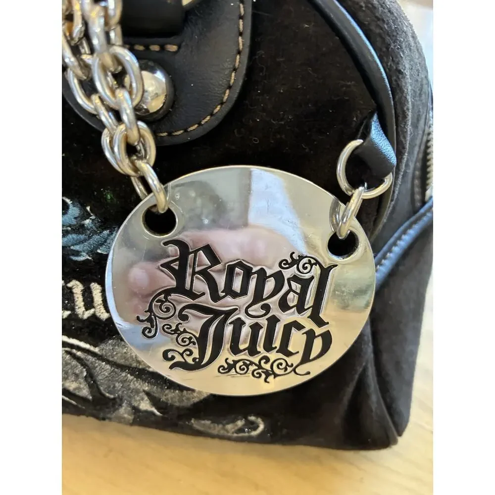 VTG Juicy Couture Bowler Bag Purse Velour Silver Royal Juicy Charm Retro Y2K